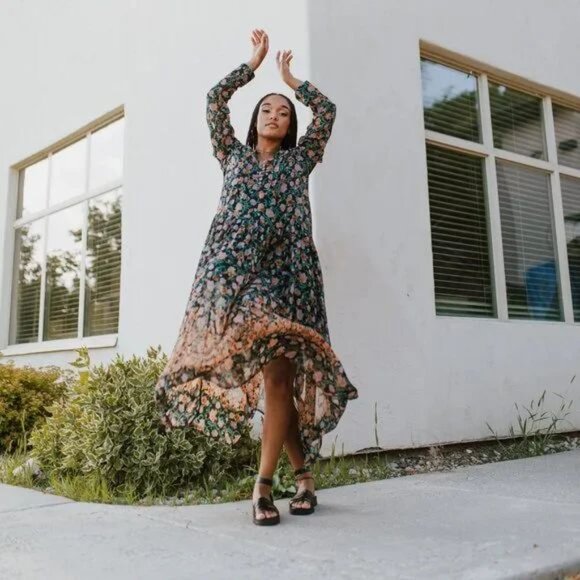 FREE PEOPLE See It Through Long Sleeve Maxi DRESS S M L Floral Black Combo NEW - Picture 8 of 14